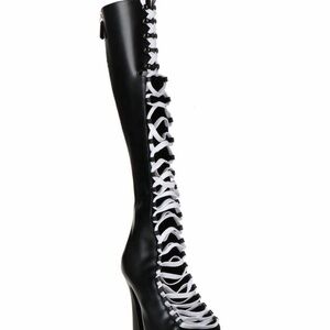 Black and White Lace-Up Knee-High Boots